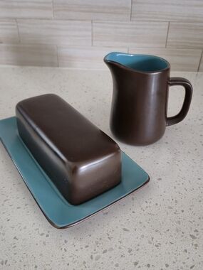 Mikasa Terra Stone Bristol Blue Butter Dish & Creamer Set,  Japan MCM Vintage